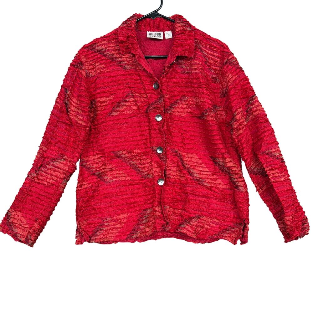 Chicos Design Womens Blouse Red Geometric Silk Ruffle Collared Button Down 0 (S)